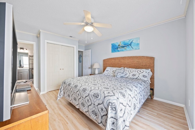 210 N Ocean Blvd Unit 333, North Myrtle Beach, SC 29582 - bedroom featuring a closet, crown molding, wood finished floors, and a ceiling fan