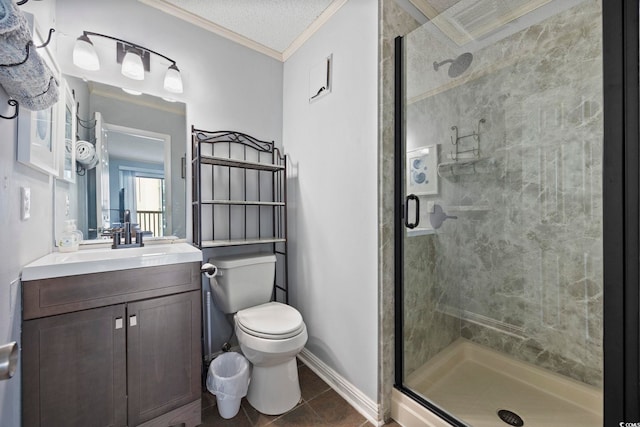 210 N Ocean Blvd Unit 333, North Myrtle Beach, SC 29582 - bathroom featuring ornamental molding, a stall shower, vanity, and tile patterned floors
