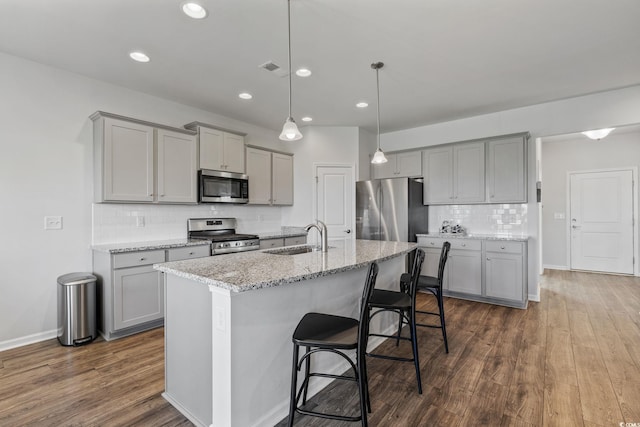 4410 Honir Dr, Myrtle Beach, SC 29579 - kitchen featuring appliances with stainless steel finishes, gray cabinets, a sink, tasteful backsplash, and dark wood-style floors