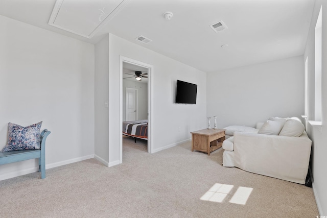 4410 Honir Dr, Myrtle Beach, SC 29579 - living room featuring attic access, light colored carpet, ceiling fan, and baseboards