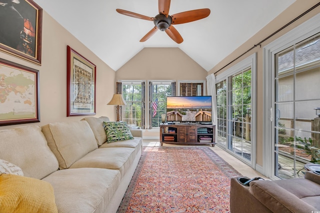 444 Dornoch Dr, Pawleys Island, SC 29585 - living area featuring a ceiling fan and lofted ceiling