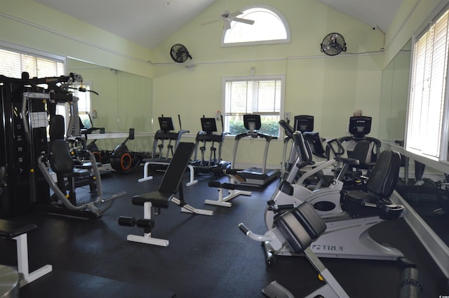 444 Dornoch Dr, Pawleys Island, SC 29585 - workout area featuring healthy amount of natural light, ceiling fan, and high vaulted ceiling