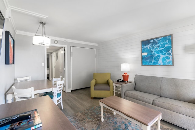 7200 N Ocean Blvd Unit 360, Myrtle Beach, SC 29572 - living area with dark wood-style floors, ornamental molding, and wood walls