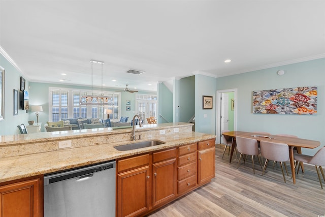 703 S Waccamaw Dr, Garden City Beach, SC 29576 - kitchen featuring dishwasher, a sink, light wood-type flooring, brown cabinetry, and ornamental molding