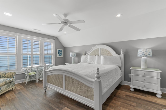 703 S Waccamaw Dr, Garden City Beach, SC 29576 - bedroom featuring baseboards, lofted ceiling, wood finished floors, recessed lighting, and a ceiling fan