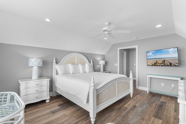 703 S Waccamaw Dr, Garden City Beach, SC 29576 - bedroom with vaulted ceiling, wood finished floors, recessed lighting, ceiling fan, and baseboards