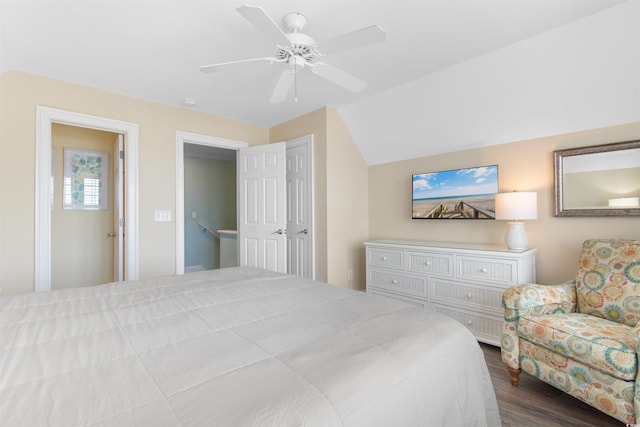 703 S Waccamaw Dr, Garden City Beach, SC 29576 - bedroom with dark wood-type flooring, a ceiling fan, and vaulted ceiling