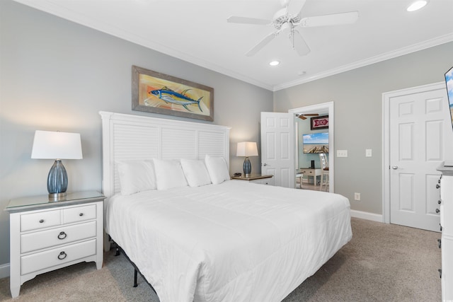 703 S Waccamaw Dr, Garden City Beach, SC 29576 - carpeted bedroom featuring ornamental molding, recessed lighting, baseboards, and a ceiling fan