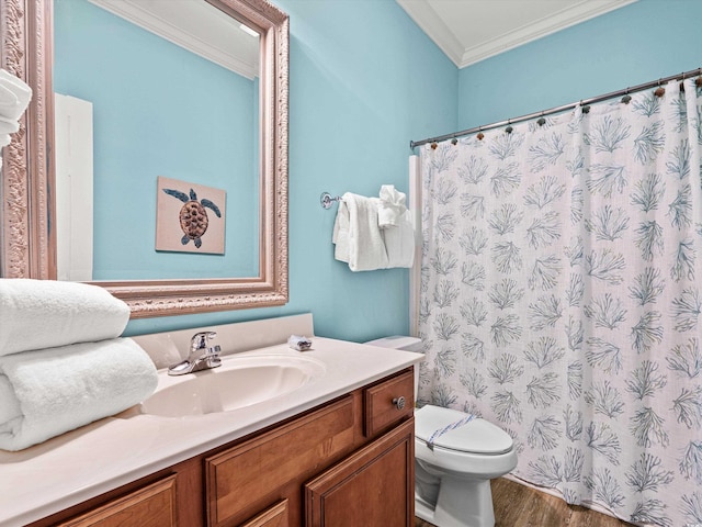 703 S Waccamaw Dr, Garden City Beach, SC 29576 - bathroom featuring crown molding, wood finished floors, toilet, vanity, and a shower with shower curtain