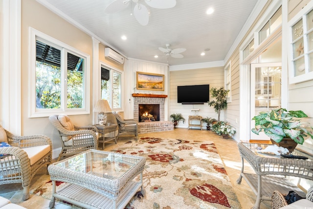 509 Heston Point Dr, Pawleys Island, SC 29585 - sunroom / solarium with an AC wall unit, crown molding, recessed lighting, tile patterned flooring, and wood walls