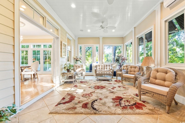 509 Heston Point Dr, Pawleys Island, SC 29585 - sunroom with a wall mounted AC, french doors, tile patterned floors, ornamental molding, and recessed lighting
