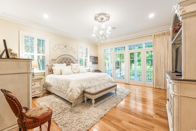 509 Heston Point Dr, Pawleys Island, SC 29585 - bedroom with ornamental molding, a chandelier, light wood-style floors, recessed lighting, and access to outside