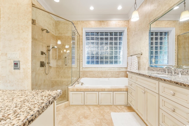 509 Heston Point Dr, Pawleys Island, SC 29585 - bathroom with ornamental molding, a stall shower, a garden tub, and vanity