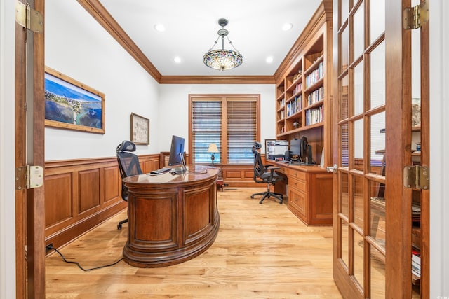 509 Heston Point Dr, Pawleys Island, SC 29585 - office with ornamental molding, a wainscoted wall, light wood-style flooring, recessed lighting, and a decorative wall