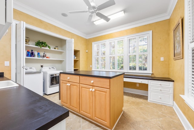 509 Heston Point Dr, Pawleys Island, SC 29585 - kitchen with ornamental molding, independent washer and dryer, dark countertops, a ceiling fan, and open shelves