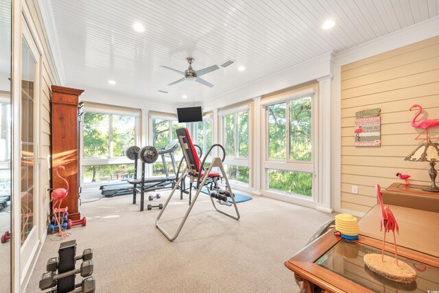 509 Heston Point Dr, Pawleys Island, SC 29585 - exercise area with healthy amount of natural light, ceiling fan, carpet, recessed lighting, and wooden walls