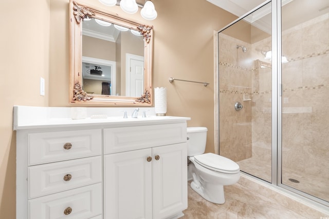 509 Heston Point Dr, Pawleys Island, SC 29585 - bathroom with crown molding, a stall shower, toilet, vanity, and tile patterned flooring