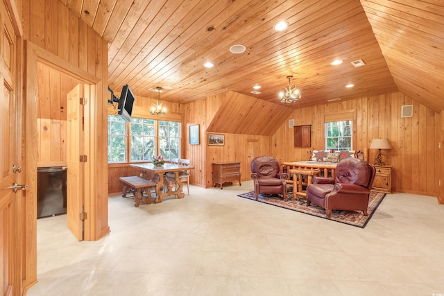509 Heston Point Dr, Pawleys Island, SC 29585 - living room with a chandelier, wooden walls, recessed lighting, vaulted ceiling, and wooden ceiling