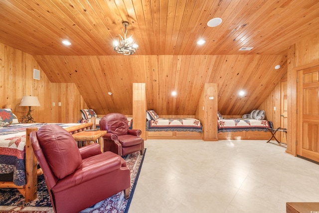 509 Heston Point Dr, Pawleys Island, SC 29585 - bedroom featuring wood walls, vaulted ceiling, wooden ceiling, a chandelier, and tile patterned floors