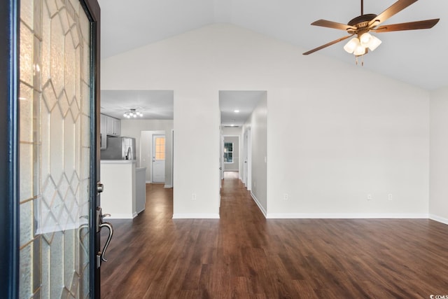 2072 Haystack Way, Myrtle Beach, SC 29579 - unfurnished living room featuring a ceiling fan, dark wood finished floors, baseboards, and high vaulted ceiling