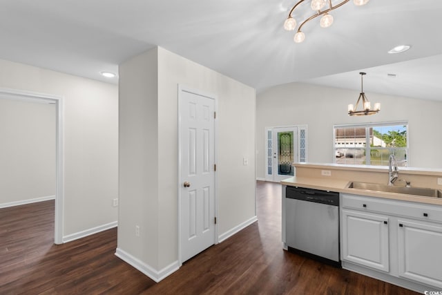 2072 Haystack Way, Myrtle Beach, SC 29579 - kitchen with stainless steel dishwasher, a chandelier, a sink, white cabinetry, and baseboards