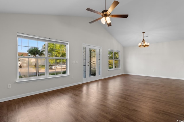 2072 Haystack Way, Myrtle Beach, SC 29579 - unfurnished living room featuring high vaulted ceiling, a chandelier, dark wood-style flooring, ceiling fan, and baseboards