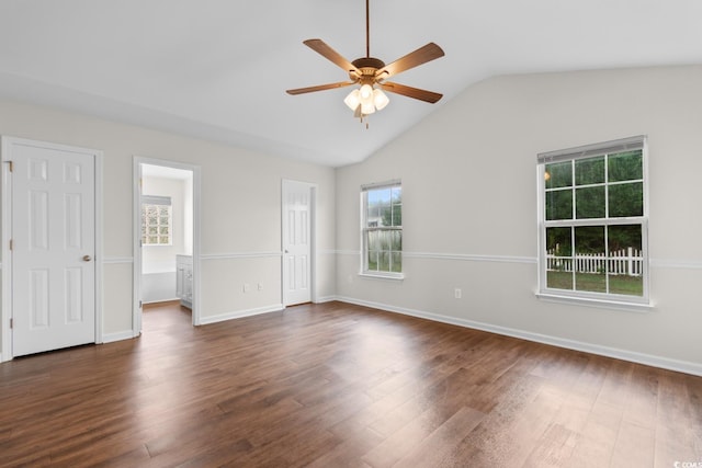 2072 Haystack Way, Myrtle Beach, SC 29579 - unfurnished bedroom featuring dark wood-style floors, vaulted ceiling, baseboards, and ceiling fan