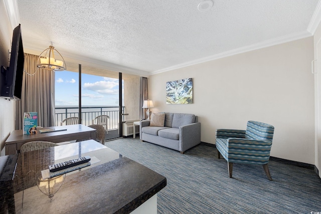 1105 S Ocean Blvd Unit 928, Myrtle Beach, SC 29577 - carpeted living room featuring a textured ceiling, a chandelier, crown molding, a water view, and baseboards