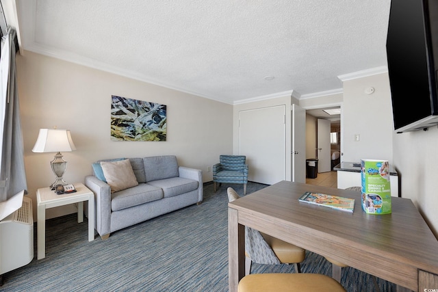 1105 S Ocean Blvd Unit 928, Myrtle Beach, SC 29577 - carpeted living room featuring ornamental molding and a textured ceiling