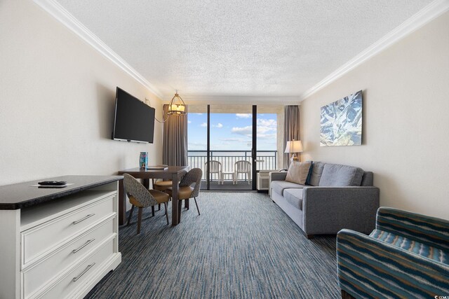 1105 S Ocean Blvd Unit 928, Myrtle Beach, SC 29577 - living room with a textured ceiling, crown molding, and dark carpet