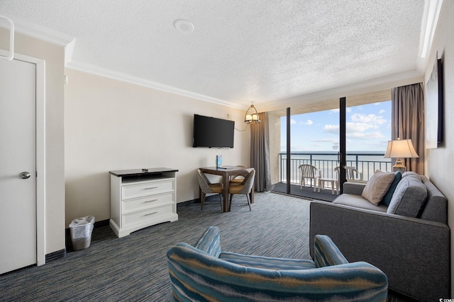 1105 S Ocean Blvd Unit 928, Myrtle Beach, SC 29577 - living area with a textured ceiling, dark colored carpet, ornamental molding, baseboards, and a wall of windows