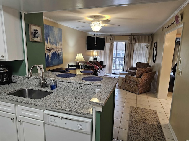 207 N 3rd Ave N Unit 247, North Myrtle Beach, SC 29582 - kitchen with white dishwasher, a sink, open floor plan, ornamental molding, and light tile patterned floors