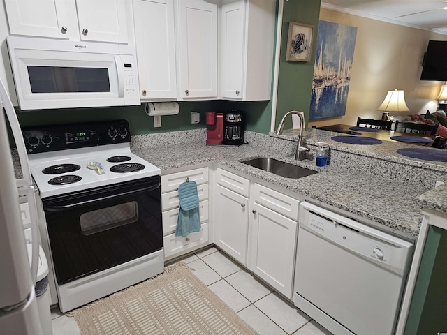 207 N 3rd Ave N Unit 247, North Myrtle Beach, SC 29582 - kitchen featuring white appliances, a sink, white cabinetry, crown molding, and light stone countertops