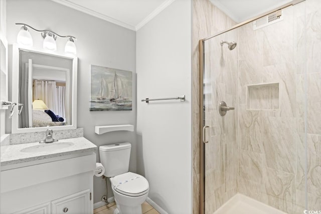 207 N 3rd Ave N Unit 247, North Myrtle Beach, SC 29582 - bathroom featuring a stall shower, vanity, crown molding, toilet, and ensuite bath