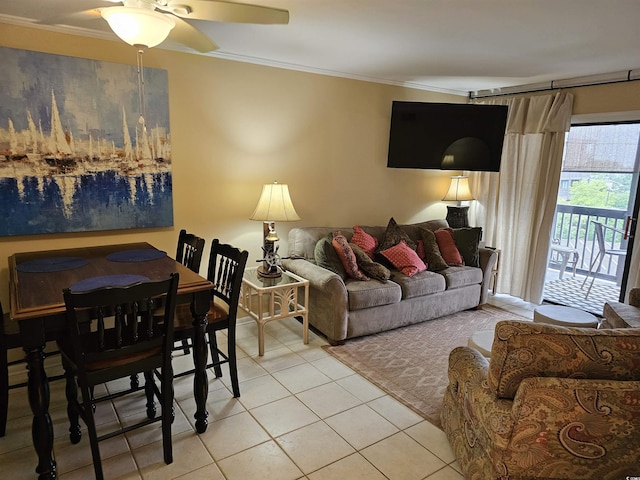 207 N 3rd Ave N Unit 247, North Myrtle Beach, SC 29582 - tiled living room with ornamental molding and a ceiling fan