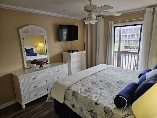 207 N 3rd Ave N Unit 247, North Myrtle Beach, SC 29582 - bedroom featuring ornamental molding, dark wood finished floors, baseboards, and ceiling fan