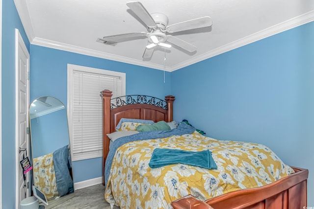 3827 El Duce Pl, Myrtle Beach, SC 29588 - bedroom with crown molding, wood finished floors, a ceiling fan, and baseboards