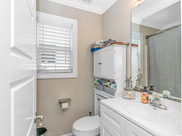 3827 El Duce Pl, Myrtle Beach, SC 29588 - bathroom featuring ornamental molding, toilet, vanity, and curtained shower