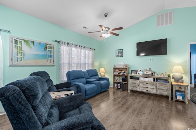 4338 Grande Harbour Blvd, Little River, SC 29566 - living area with vaulted ceiling, wood finished floors, and ceiling fan