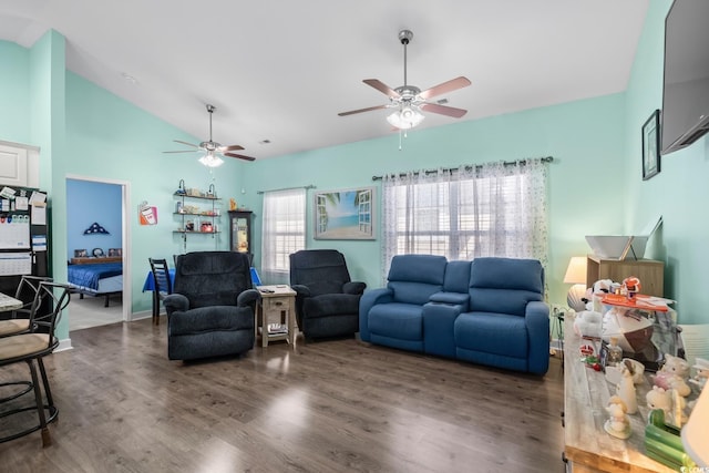 4338 Grande Harbour Blvd, Little River, SC 29566 - living area with a ceiling fan, vaulted ceiling, and wood finished floors