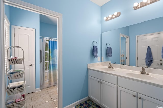 4338 Grande Harbour Blvd, Little River, SC 29566 - full bathroom featuring double vanity, baseboards, and a shower with curtain