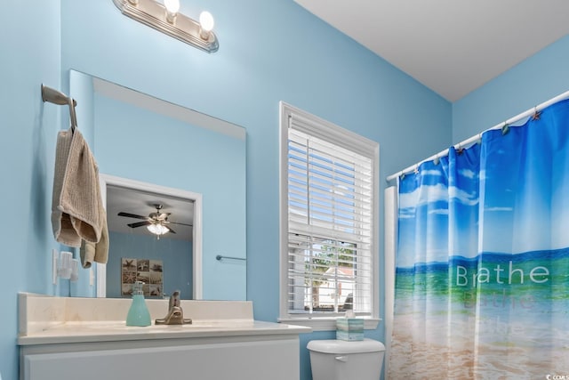 4338 Grande Harbour Blvd, Little River, SC 29566 - full bath featuring toilet, vanity, ceiling fan, and a shower with curtain