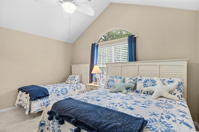 carpeted bedroom featuring high vaulted ceiling, a ceiling fan, and baseboards