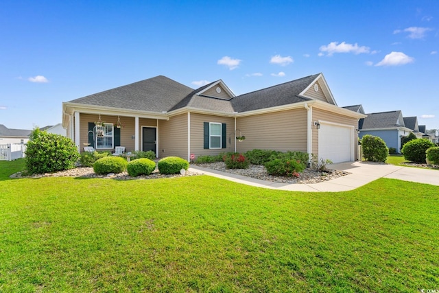 view of front of property with a garage, concrete driveway, a front lawn, and a shingled roof