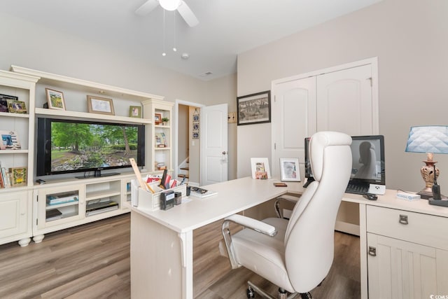 office featuring a ceiling fan and wood finished floors