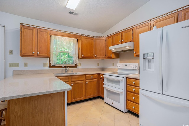 4311 Bradford Cir, Myrtle Beach, SC 29588 - kitchen with white appliances, a sink, under cabinet range hood, a peninsula, and vaulted ceiling