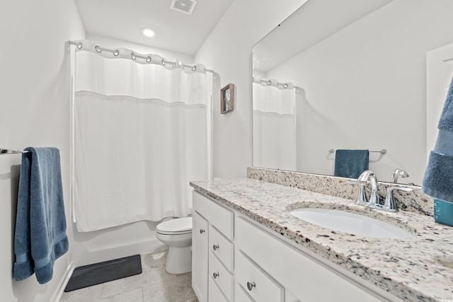 full bath with toilet, vanity, tile patterned flooring, and shower / tub combo with curtain