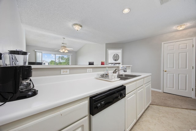 4506 W Harbor Ct Unit U-15, Little River, SC 29566 - kitchen featuring dishwasher, ceiling fan, white cabinetry, vaulted ceiling, and light countertops