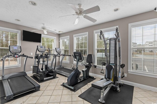 4506 W Harbor Ct Unit U-15, Little River, SC 29566 - exercise room with light tile patterned floors, a ceiling fan, a textured ceiling, and recessed lighting