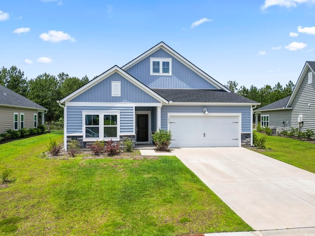 3021 Sistine St, Myrtle Beach, SC 29579 - craftsman inspired home featuring stone siding, a garage, a front lawn, driveway, and board and batten siding